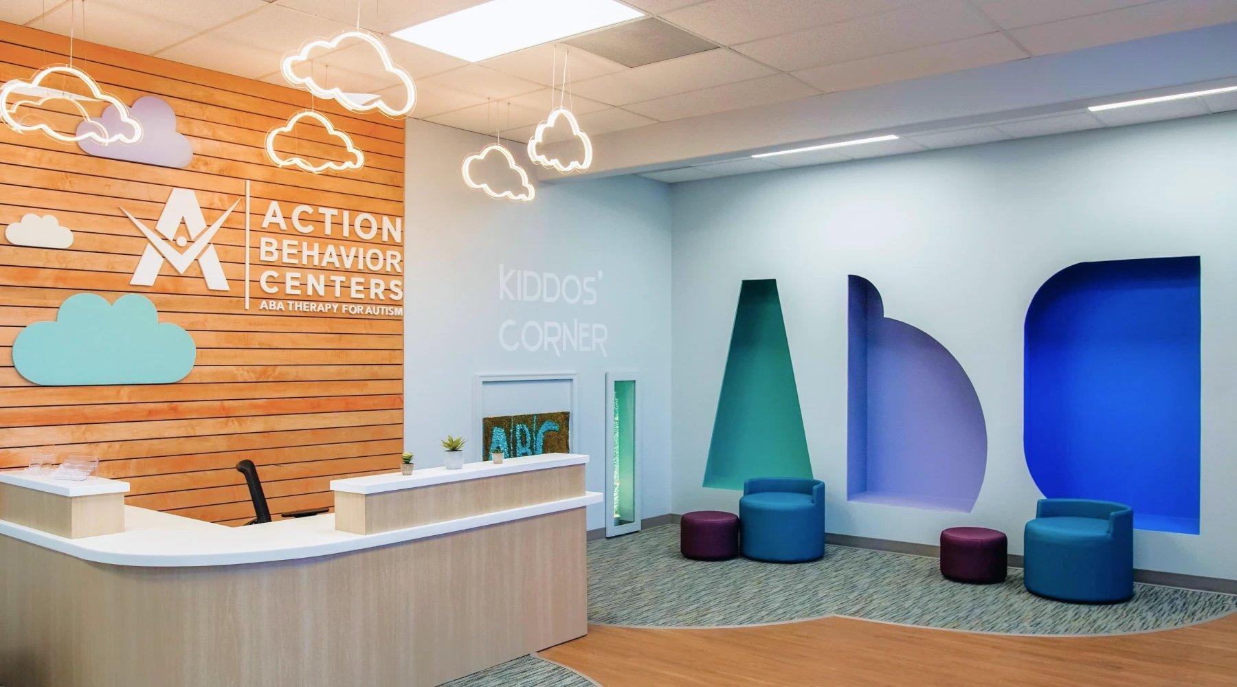 The reception area and Kiddos’ Corner of an Action Behavior Centers clinic