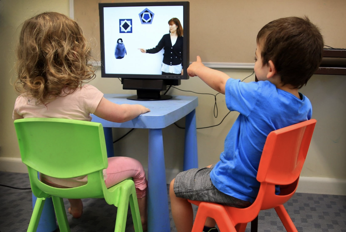 Eye-tracking technology measures social visual engagement patterns that distinguish children with autism from neurotypical peers, sometimes before behavioral symptoms are apparent to parents.