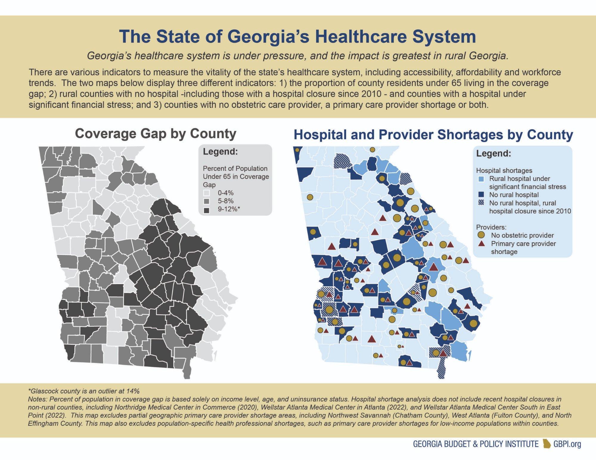 The state of Georgia’s healthcare system: coverage gap by county and hospital and provider shortages by county. Source: Georgia Budget & Policy Institute.