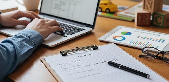 Session notes on a clipboard alongside billing data and a laptop reflect the documentation workflow at the center of every HHS-OIG ABA audit finding. In Indiana, 97 of 100 sampled enrollee-months had at least one non-compliant claim line, most commonly due to session notes that did not support the CPT codes or units billed.