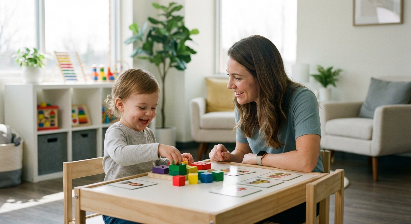 An ABA therapist works one-on-one with a young child using colorful learning materials at a therapy table