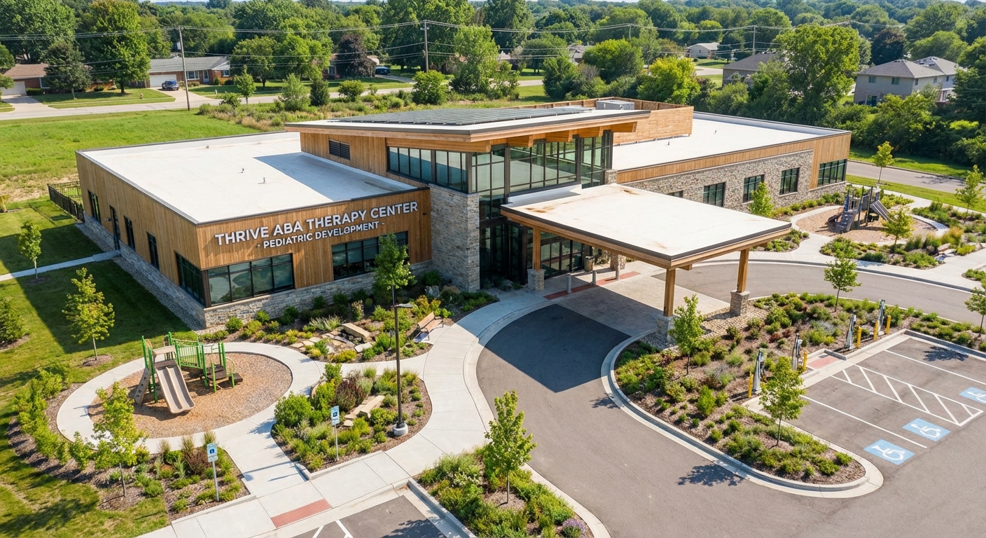Aerial view of a modern ABA therapy center with welcoming entrance, playground, and landscaped grounds