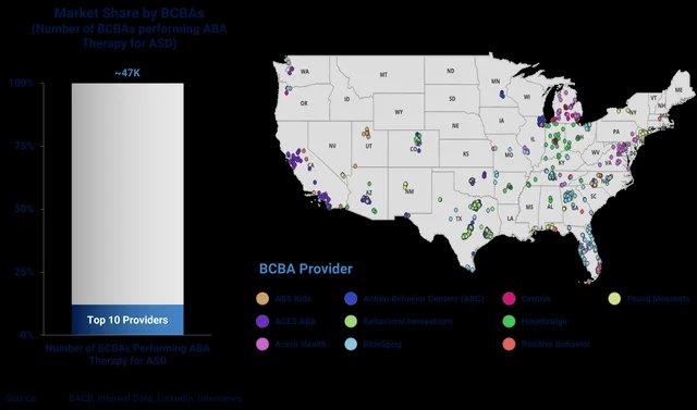 Market share by BCBAs performing ABA therapy for ASD, showing the geographic distribution of the top 10 providers nationwide.