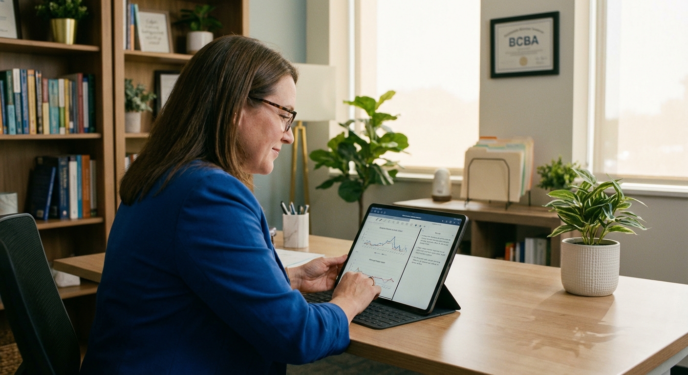A Board Certified Behavior Analyst reviews behavioral data charts on a tablet in a clinical office