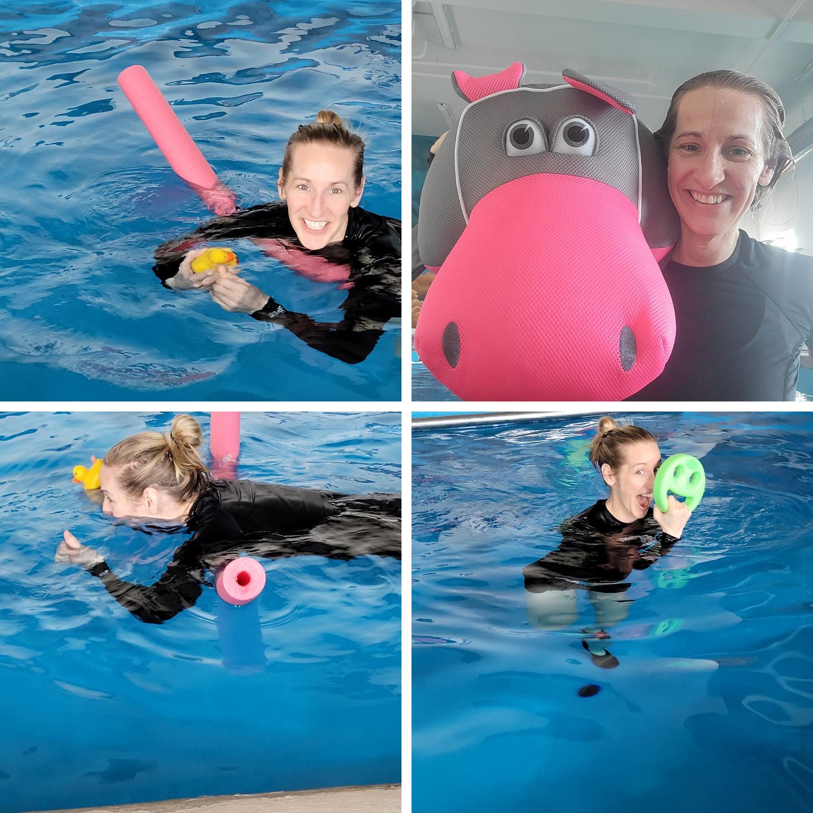 Merhar at work in the pool during the company’s adaptive-lessons era, using equipment that ranges from a rubber duck and foam noodle to a hippo float and a weighted pool dumbbell. The aquatic-instruction work is the source of her risk-recognition expertise. The BRIDGE certification translates that expertise into a framework BCBAs can apply without ever entering a pool themselves.