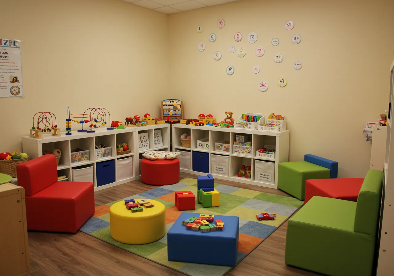 A play and learning area inside an SOS center, with primary-color soft seating, modular blocks, and developmental toys arrayed around a patterned activity rug. Centers are designed around 1:1 child-to-staff ratios and serve children from 18 months through age 18.