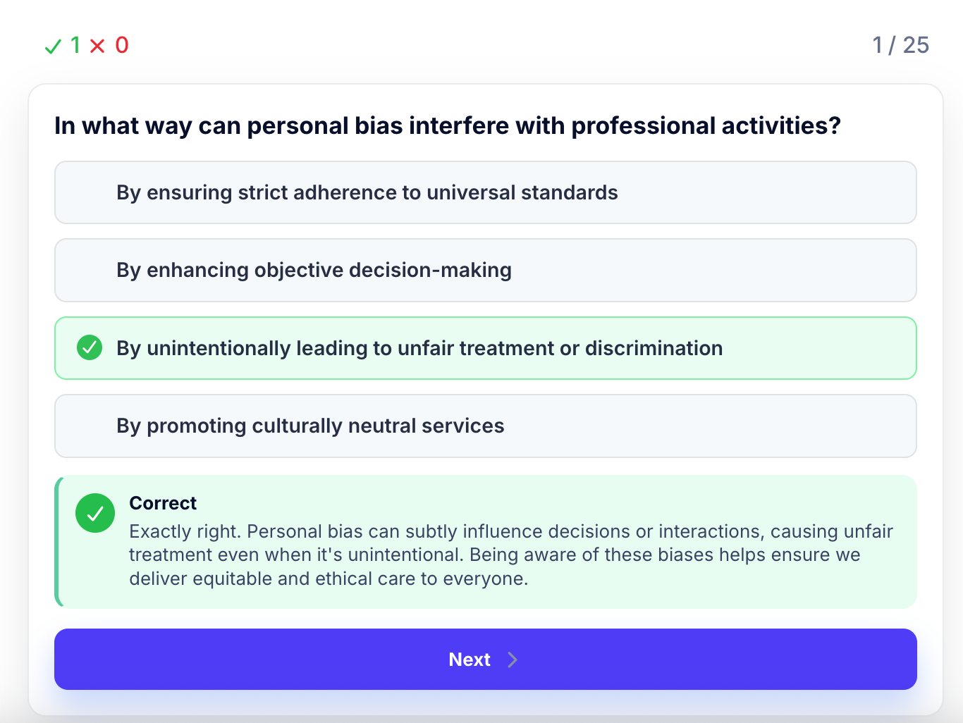 A sample quiz item from Tutor. Users receive an explanation with their result rather than a simple right-or-wrong verdict.