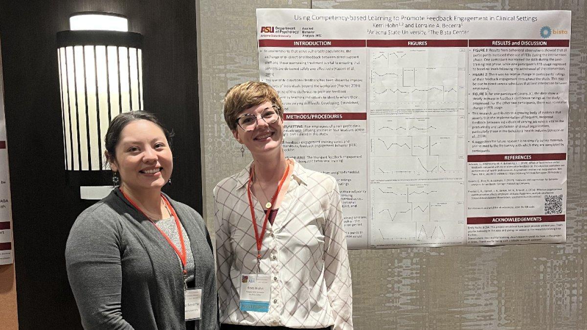Researchers present a poster on competency-based learning and feedback engagement in clinical settings at a behavior analysis convention.