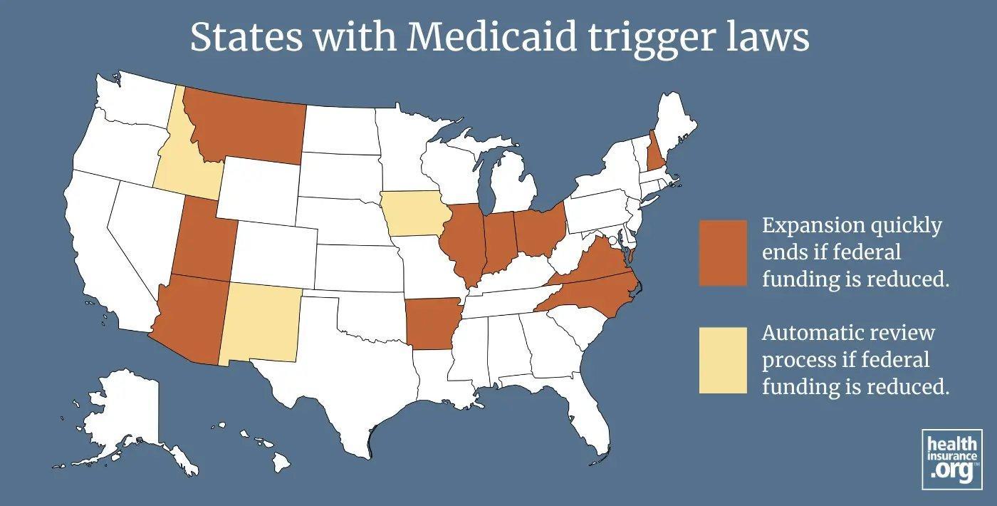States with Medicaid trigger laws that would automatically reduce or end expansion if federal funding is cut. The federal Medicaid spending pressure built into the One Big Beautiful Bill Act has accelerated state-level ABA cuts. Source: healthinsurance.org.