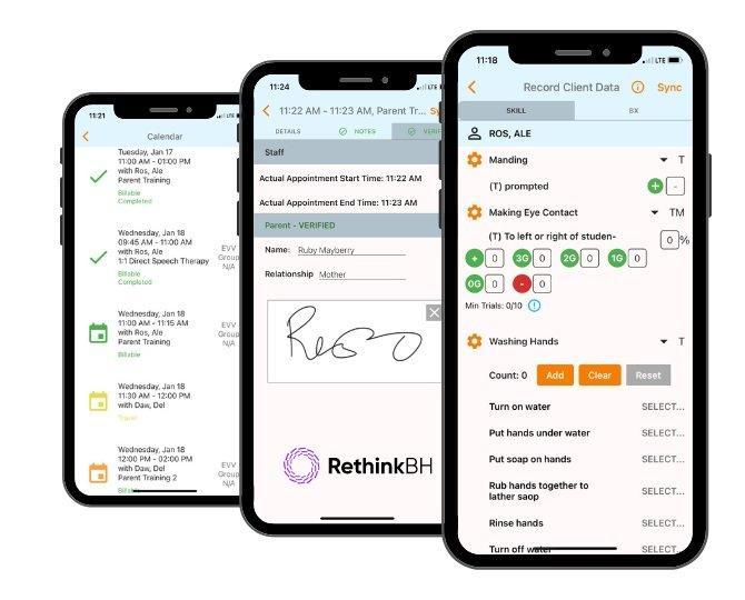 A mobile clinician interface from RethinkBH showing scheduling, parent signature verification, and real-time data collection across discrete trial and task analysis sessions. The clinician-facing layer is the upstream input to whatever a parent eventually sees.