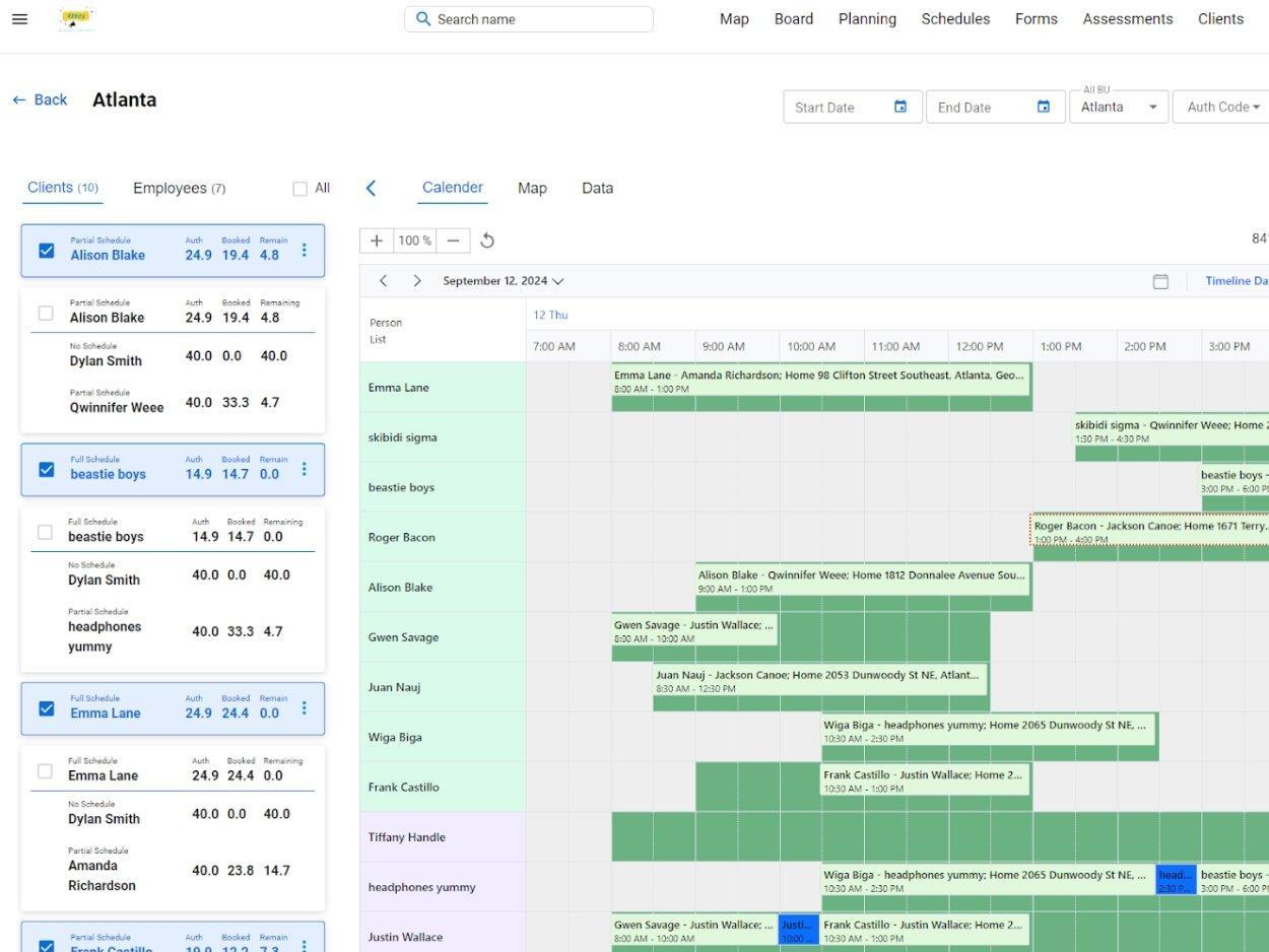 A scheduling platform showing client authorization status (Auth, Booked, Remaining hours) alongside the daily calendar view with RBT-client assignments. Source: vendor screenshot.