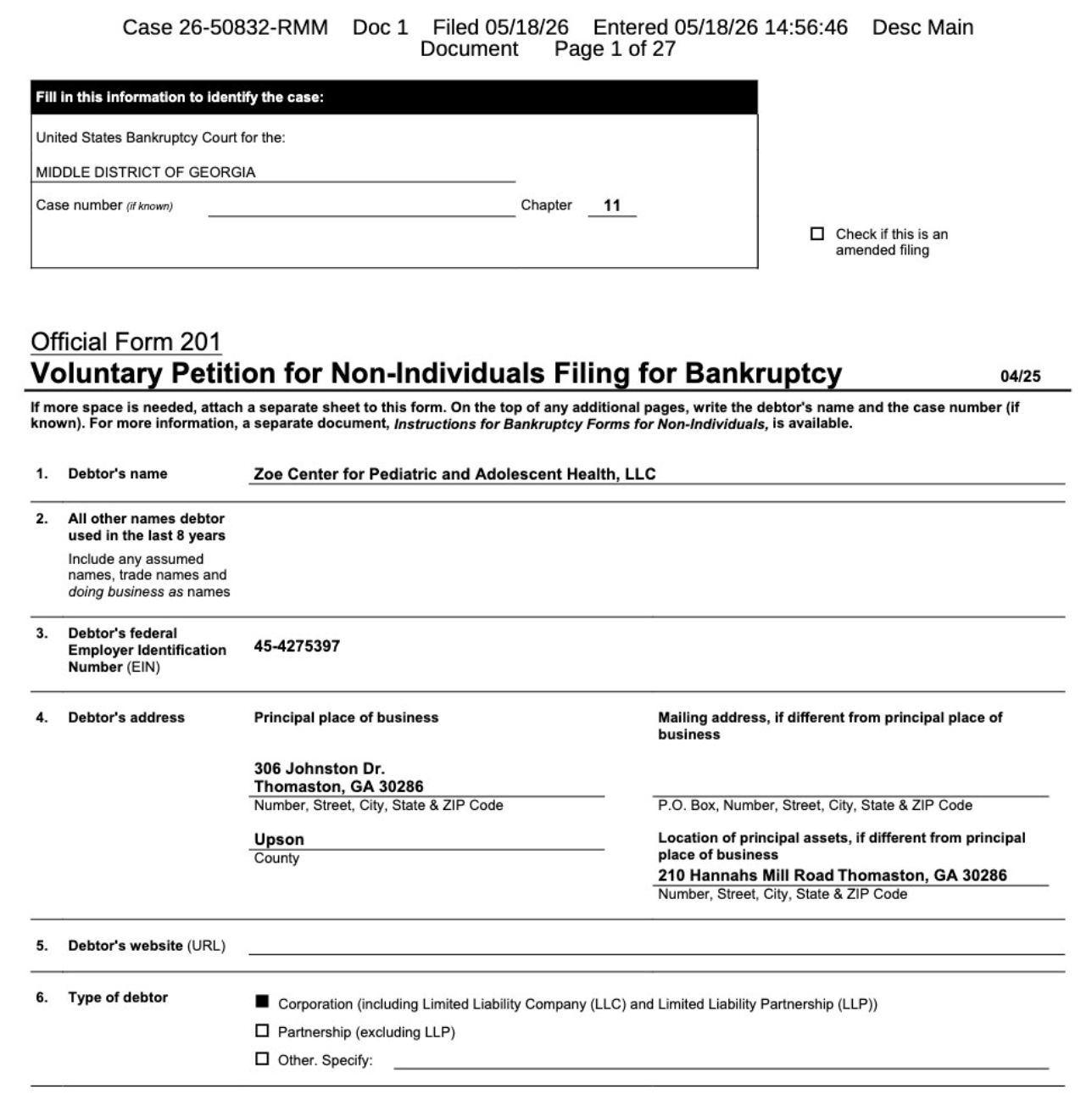 A bankruptcy petition form. Commercial Chapter 11 filings increased compared to the prior year, with ABA providers increasingly among the companies seeking court protection.