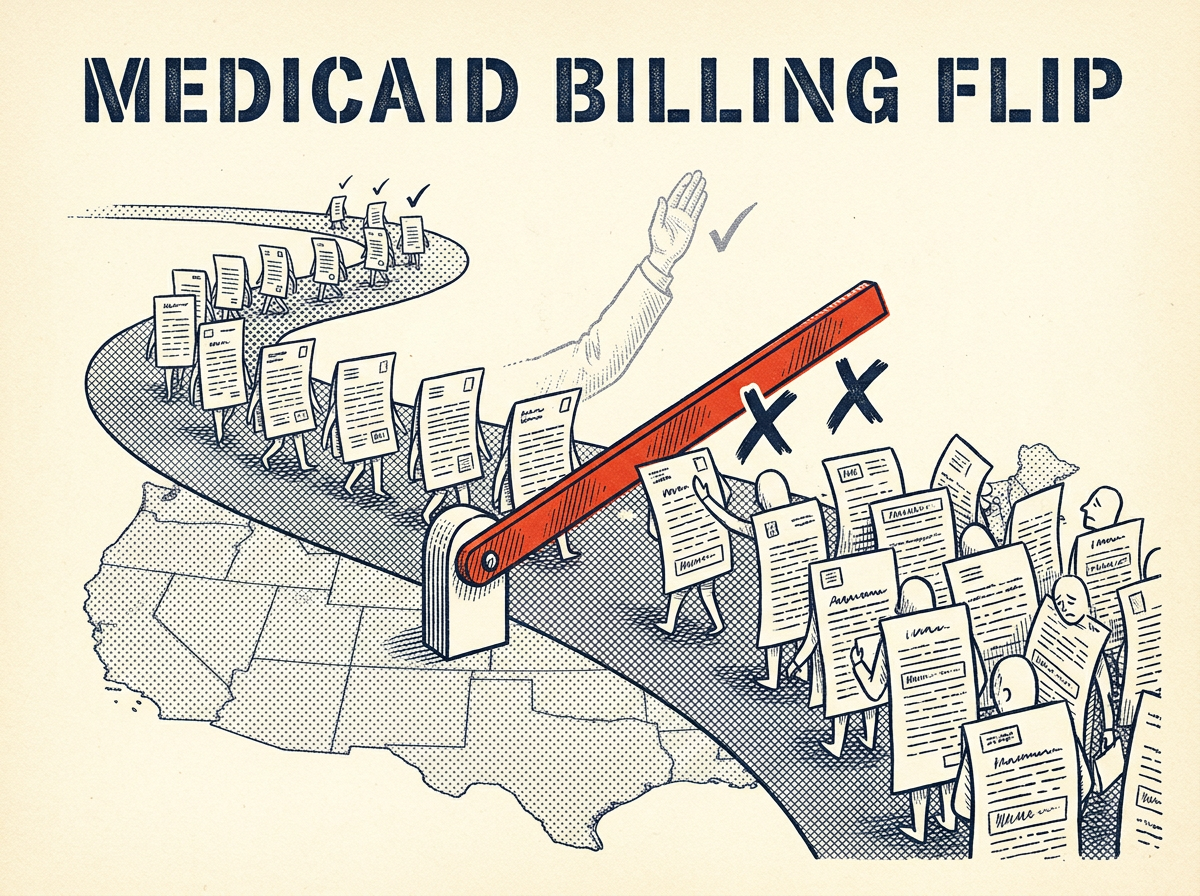 The 2026 shift, state by state: a Medicaid billing checkpoint that once waved claims through with a warning now drops the gate, turning back any claim without a matching visit record.