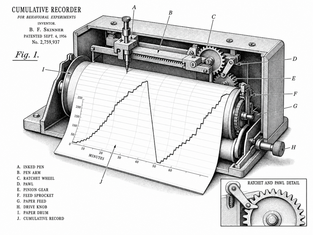A cumulative record. Skinner’s recorder drew each response as a step upward, turning the rate of behavior into a line a researcher could read. (Illustration by BreakingNewsABA)