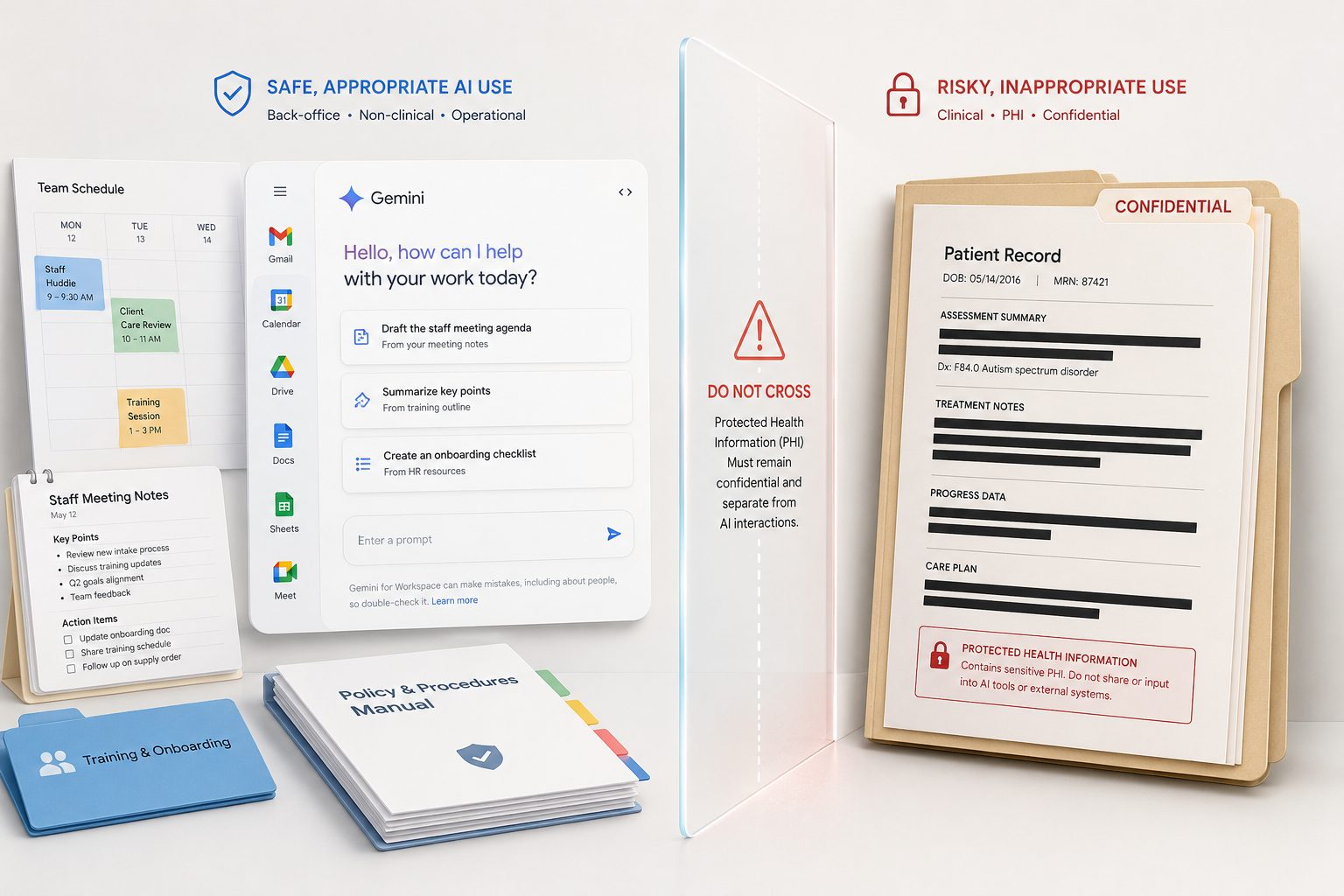A graphic splits safe back-office AI tasks from risky clinical use, with a divider warning that protected health information must stay out of AI.