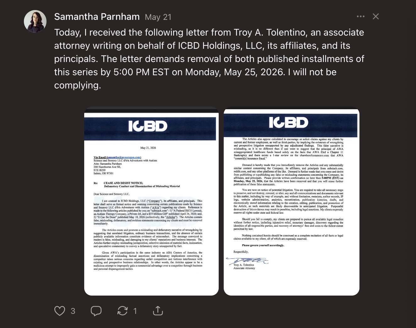Parnham received a cease-and-desist letter (see image above). She ignored the cease-and-desist and instead responded with a parody.